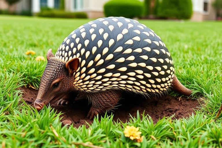Nine-banded armadillo digging in a suburban lawn