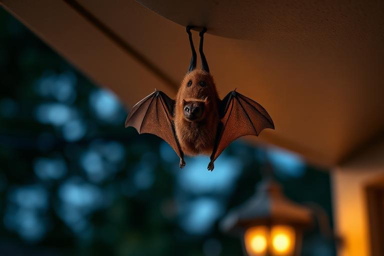 Small brown bat hanging under a house eave at dusk