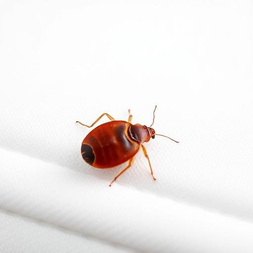 Adult bed bug on mattress fabric showing its flat oval body
