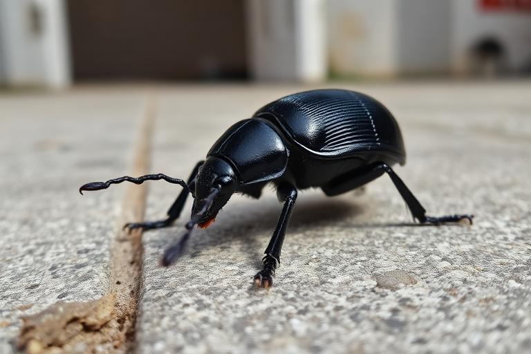 Shiny black ground beetle on concrete near a doorway