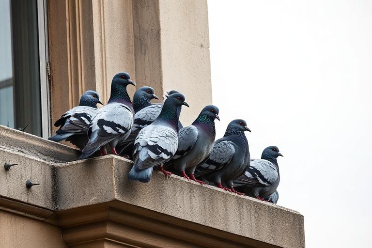 Pigeons roosting on a building ledge near bird spikes