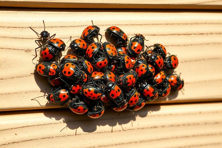 Boxelder bugs with red and black markings clustered on sunny siding