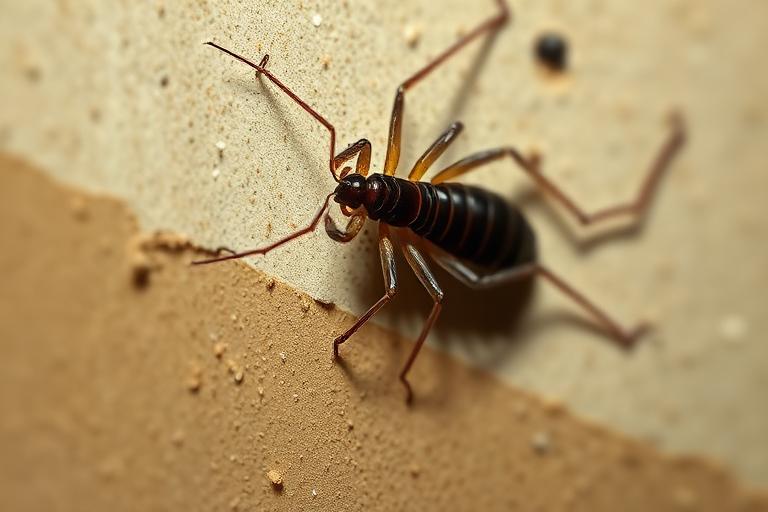 House centipede on a basement wall showing its many long legs