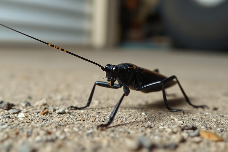 Black field cricket on a concrete garage floor