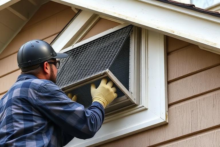 Technician sealing an attic gable vent with wildlife exclusion mesh