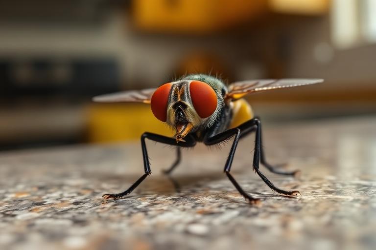 House fly on a kitchen countertop showing red compound eyes