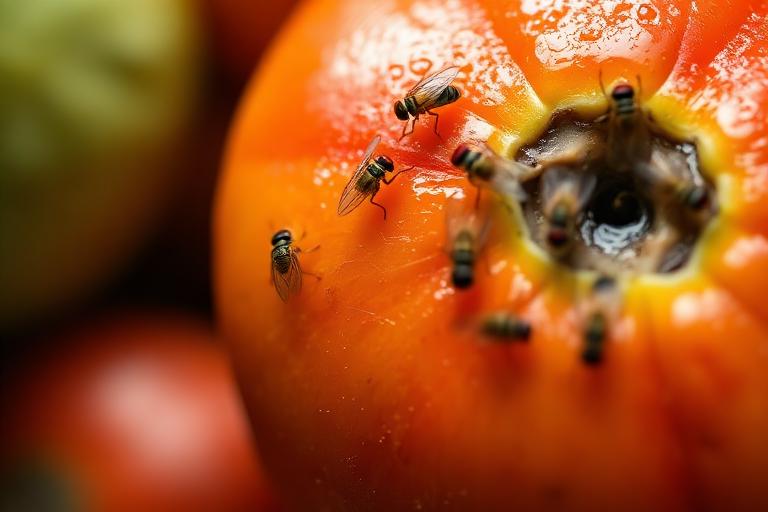 Tiny fruit flies and gnats gathered on ripe fruit in a kitchen