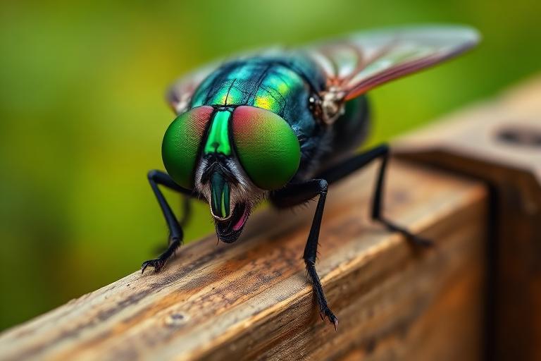 Large horse fly with iridescent green eyes resting on a fence rail