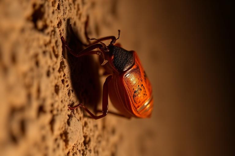 Kissing bug on a stucco wall showing its cone-shaped head and orange markings