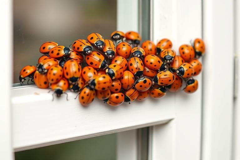 Orange Asian lady beetles clustered on a white window frame