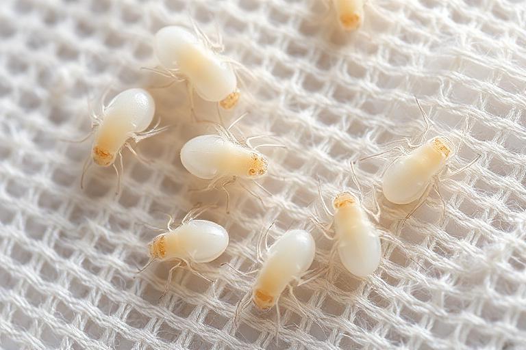 Microscopic view of pale mites on woven fabric fibers