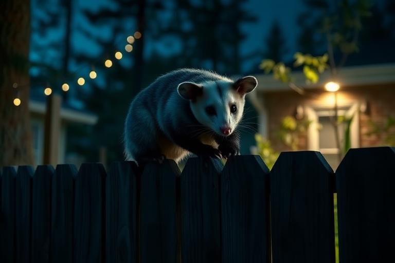 Opossum walking along a backyard fence at night