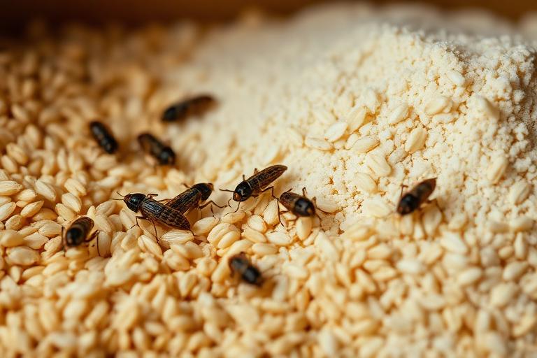 Rice weevils in spilled grain and flour in a pantry