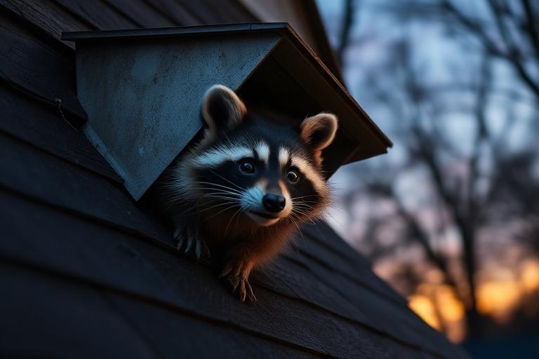 Raccoon peeking out of an attic vent at dusk