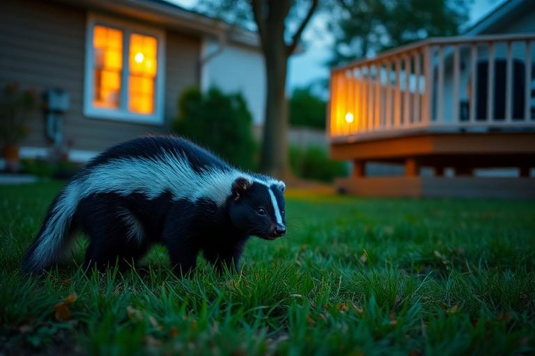 Striped skunk in a suburban yard near a deck at dusk