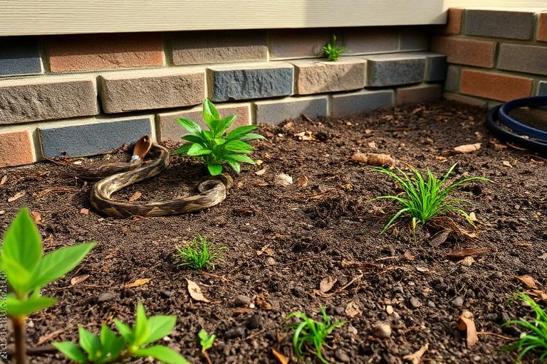 Garter snake in a garden bed beside a home foundation