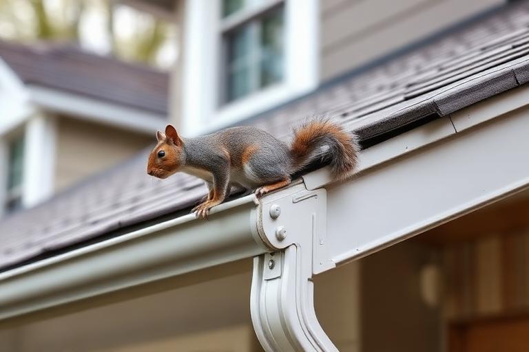 Gray squirrel on the roof gutter of a suburban house