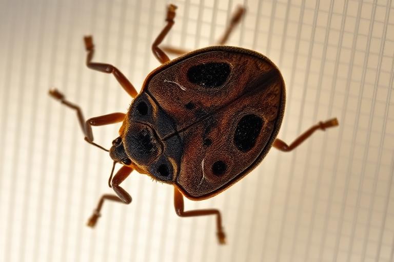 Brown marmorated stink bug on a window screen showing its shield-shaped body