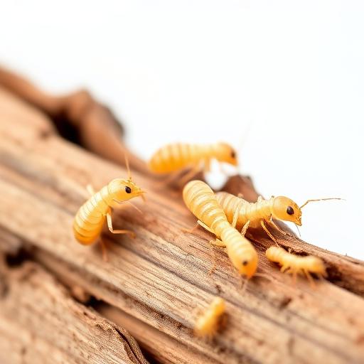 Pale, soft-bodied termite workers tunnelling through damaged wood grain
