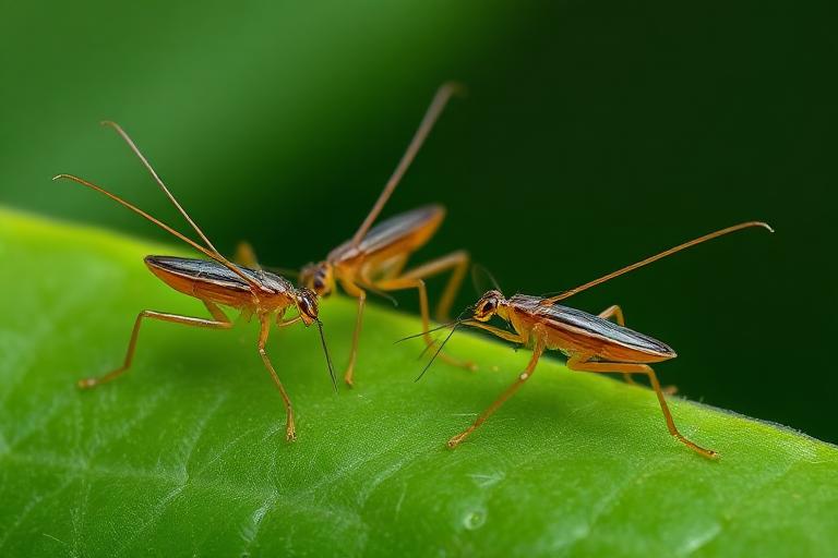 Slender thrips insects on a green leaf