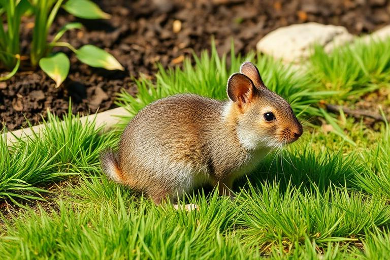 Vole in grass beside a garden bed