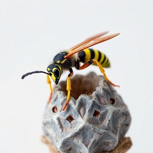 Wasp with distinct yellow and black markings on a leaf